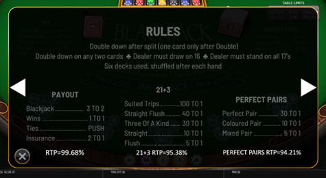 Blackjack (sidebets 21+3 and Perfect Pairs) Screenshot